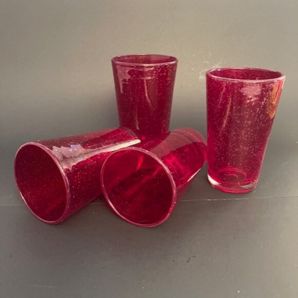 Set of 4 Blown Ruby Red Bubble Glass Tumblers – 16oz, Vintage Charm - Picture 4 of 5